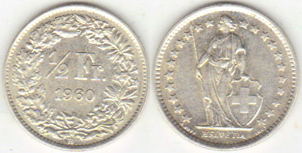 1960 Switzerland silver 1/2 Franc A000179
